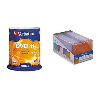 Verbatim DVD-R AZO Dye 4.7GB 16X 100 Discs Spindle + 50 Slim Storage Cases Assorted Colors Data & Music Recording Bundle