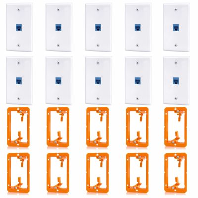 ANONION 10 Pack Ethernet Wall Outlet, 1-Port Cat6 RJ45 Keystone Jack with Single Gang Low Voltage Mounting Bracket, Ethernet Wall Plate Blue Coupler Female to Female Network Cable Cover