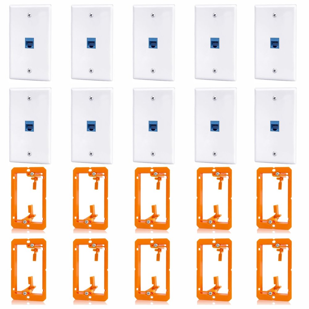 ANONION 10 Pack Ethernet Wall Outlet, 1-Port Cat6 RJ45 Keystone Jack with Single Gang Low Voltage Mounting Bracket, Ethernet Wall Plate Blue Coupler Female to Female Network Cable Cover