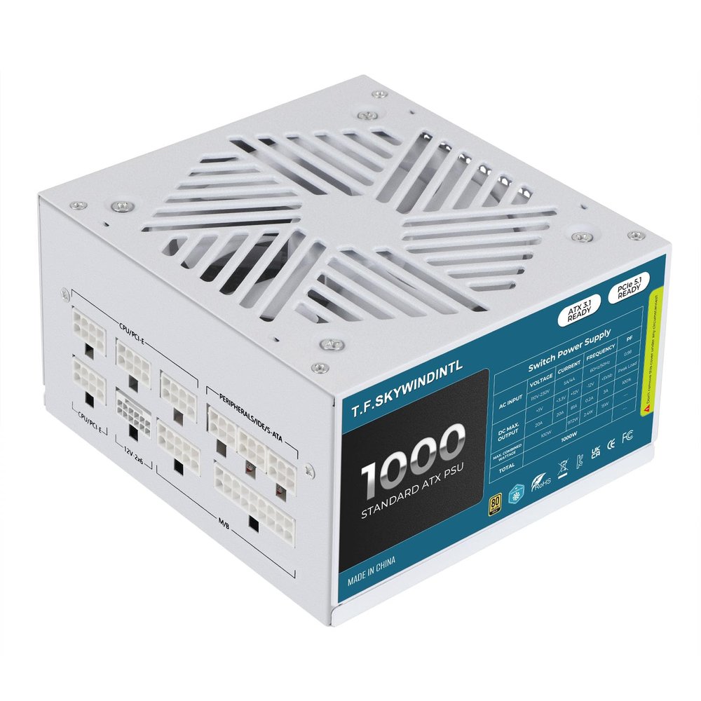 1000W PSU ATX 3.1 PCIe 5.1 Ready Fully Modular Gaming Power Supply 80 Plus Gold with 12V-2x6 GPU Power Cable Zero RPM Smart Fan Mode 120MM Low Noise 110-230V 20+4 Pin for Desktop PC White