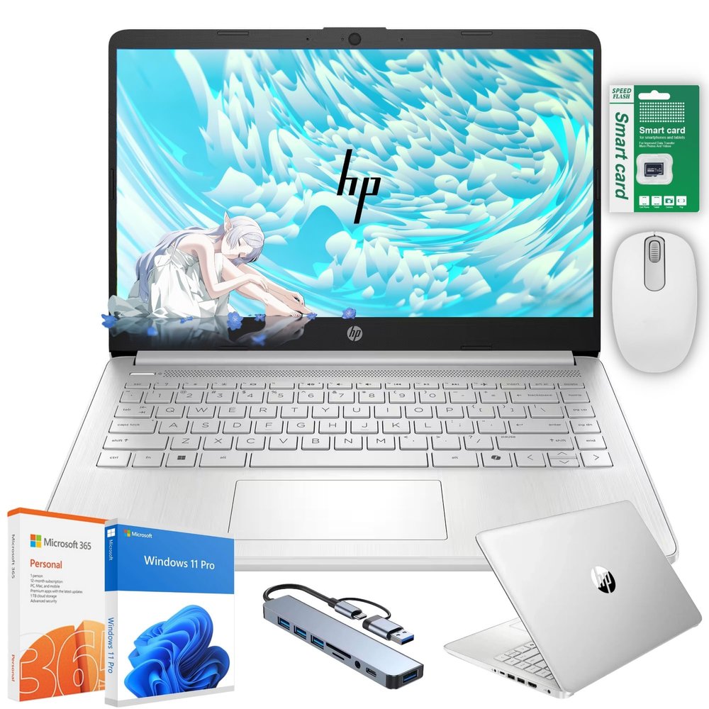 HP Ultra Thin 14" Laptop with Copilot, Intel N150, 16GB RAM, 384GB(128GB eMMC+256GB SD Card) HUB Mouse, Windows 11 Pro, 1-Year Office 365, Lightweight Silver Notebook for Work & School