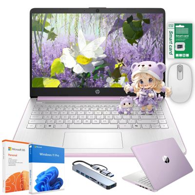 HP Ultra Thin 14" Laptop with Copilot, Intel Quad-Core N150, 16GB RAM, 384GB(128GB eMMC+256GB SD Card) HUB Mouse, Windows 11 Pro, 1-Year Office 365, Lightweight Purple Notebook for Work & School