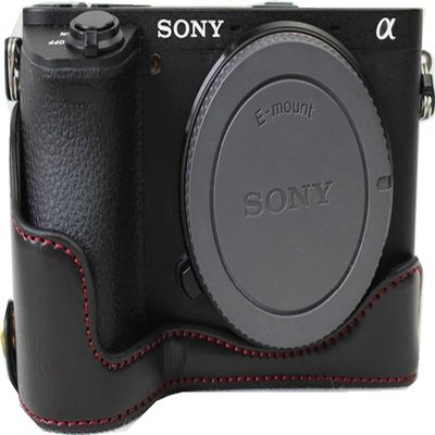 A6500 Case, PU Leather Camera Bag Bottom Opening Half Body Case Cover Shell for Sony Alpha A6500 with Hand Wrist Strap (Black)