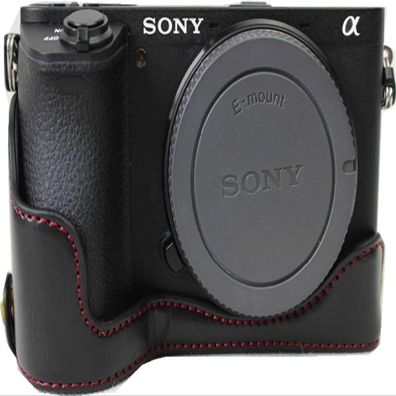 A6500 Case, PU Leather Camera Bag Bottom Opening Half Body Case Cover Shell for Sony Alpha A6500 with Hand Wrist Strap (Black)