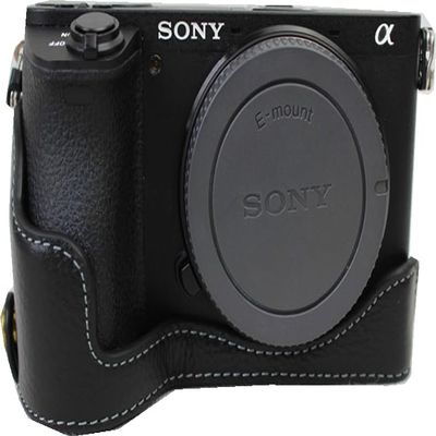A6500 Case, Genuine Leather Camera Case Bottom Opening Body Half Base Cover for Sony Alpha A6500 with Hand Wrist Strap (Black)