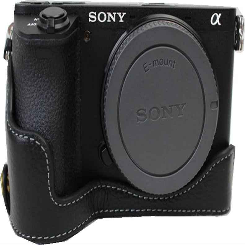 A6500 Case, Genuine Leather Camera Case Bottom Opening Body Half Base Cover for Sony Alpha A6500 with Hand Wrist Strap (Black)