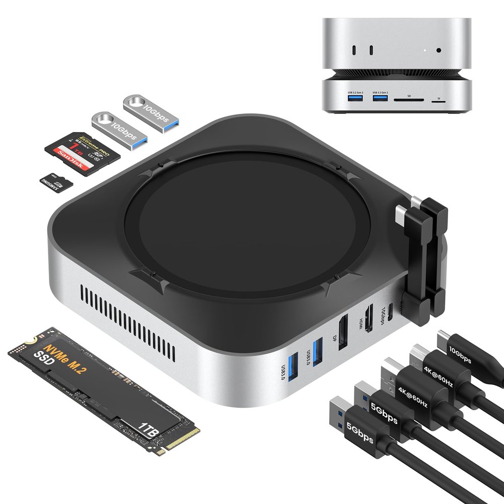 BAOZEE Mac mini M4 Dock with NVMe SSD Enclosure, 40Gbps 8TB SSD Support, 10-in-2 USB-C Hub with 2USB-A, USB-C, 10Gbps, 2USB-A 5Gbps, HDMI, DP, SD/TF Reader, Magnetic Cover