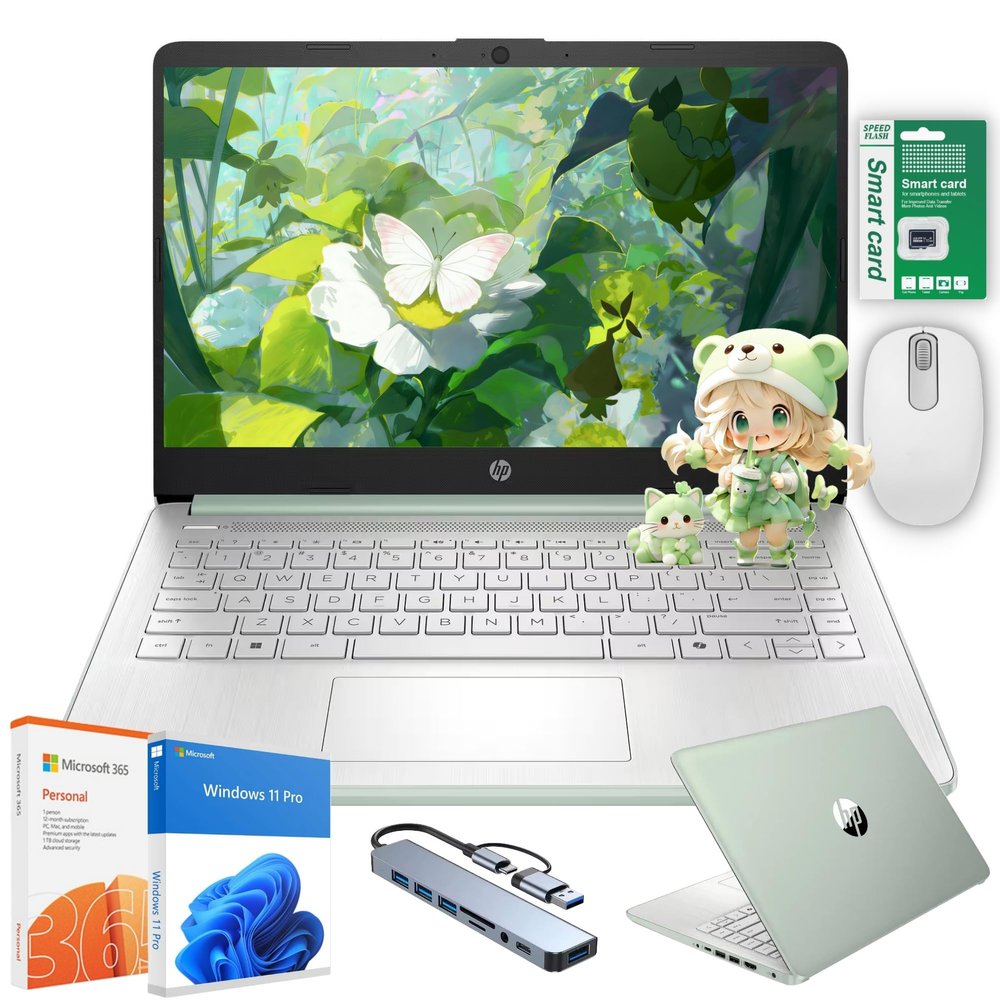 HP Ultra Thin 14" Laptop with Copilot, Intel N150, 8GB RAM, 384GB(128GB eMMC+256GB SD Card)  HUB  Mouse, Windows 11 Pro, 1-Year Office 365, Lightweight Green Notebook for Work & School