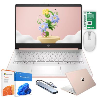 HP Ultra Thin 14" Laptop with Copilot, Intel N150, 16GB RAM, 384GB(128GB eMMC+256GB SD Card)  HUB  Mouse, Windows 11 Pro, 1-Year Office 365, Lightweight Rose Gold Notebook for Work & School