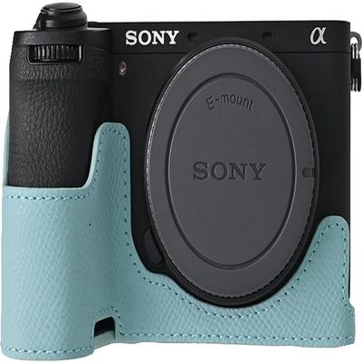A6700 Case, Genuine Leather Camera Case Bottom Opening Body Half Base Cover for Sony Alpha A6700 with Shoulder Strap (Blue)