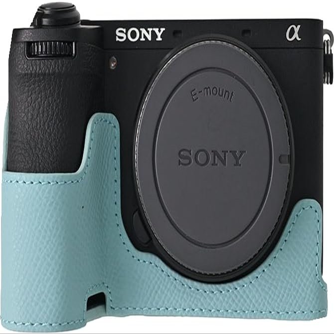 A6700 Case, Genuine Leather Camera Case Bottom Opening Body Half Base Cover for Sony Alpha A6700 with Shoulder Strap (Blue)