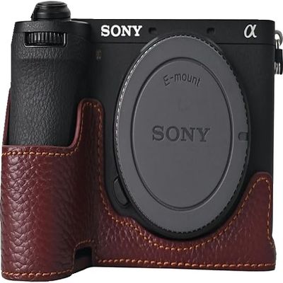 A6700 Case, Genuine Litchi Leather Camera Case Bottom Opening Body Half Base Cover for Sony Alpha A6700 with Neck Strap (Coffee)