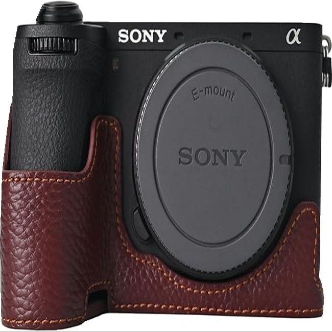 A6700 Case, Genuine Litchi Leather Camera Case Bottom Opening Body Half Base Cover for Sony Alpha A6700 with Neck Strap (Coffee)