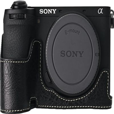 A6700 Case, PU Leather Camera Bag Bottom Opening Half Body Case Cover Shell for Sony Alpha A6700 with Neck Strap (Black)