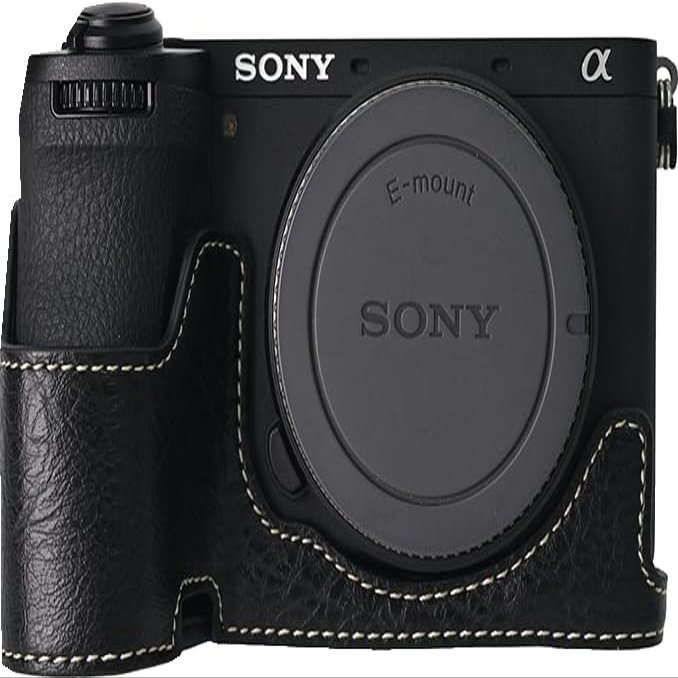 A6700 Case, PU Leather Camera Bag Bottom Opening Half Body Case Cover Shell for Sony Alpha A6700 with Neck Strap (Black)