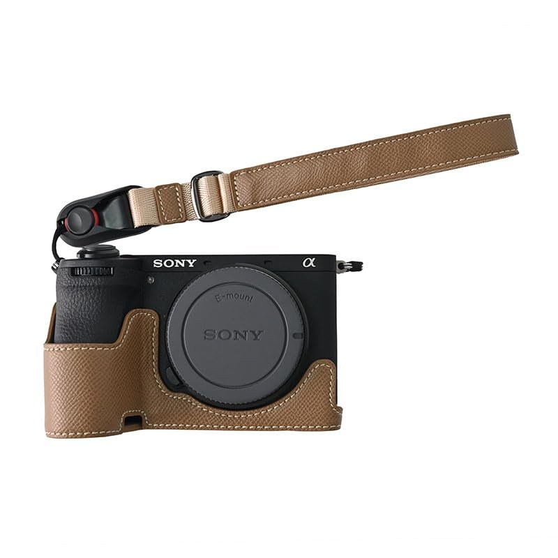 A6700 Case, PU Leather Camera Bag Bottom Opening Half Body Case Cover Shell for Sony Alpha A6700 with Hand Strap (Brown)