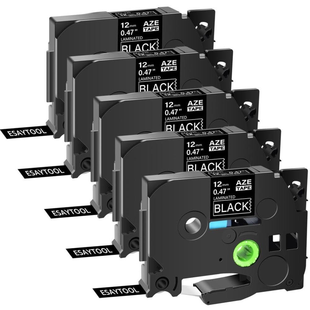 5 Pack White On Black Aze 335 Compatible Label Tape Laminated 12mm X 8m Works with Tze 335 for PTD410 PTD610 PTE300 Printers