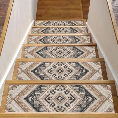 Stair Treads Non-Slip, 15 Pieces Carpet Stair Treads, Geometric Ethnic Pattern Staircase Runner for Wooden Steps, 30" x 8" Indoor Staircase Step Runners Rugs, Stairway Cover Mat Pads