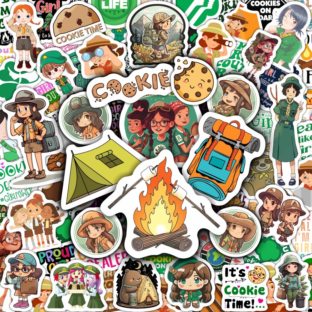 100Pcs Camping Girl Stickers for Water Bottle and Laptop - Adventure Gifts, Party Supplies & Decorations, Waterproof Vinyl Decal