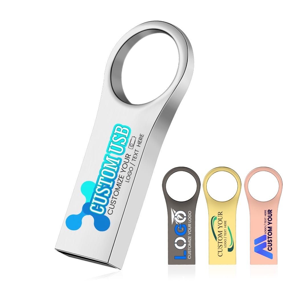 32GB 10Pcs Personalized Custom USB 2.0 Flash Drive, Bulk Customize Metal Thumb Drives with Keychains, Customized Your Logo & Text on Mini Memory Sticks for School/Photography/Company