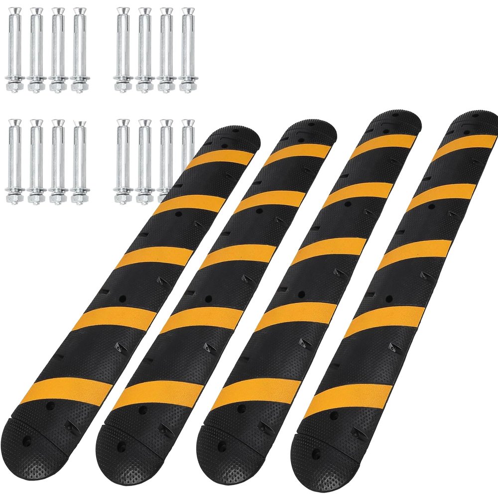 4 Pack 6 ft Rubber Speed Bump with 2 End Caps, 25000 lbs Load Capacity Speed Humps with 2 Channel Floor Cord Cover, Heavy Duty Cable Protector Ramp for Asphalt Concrete Gravel Driveway Road