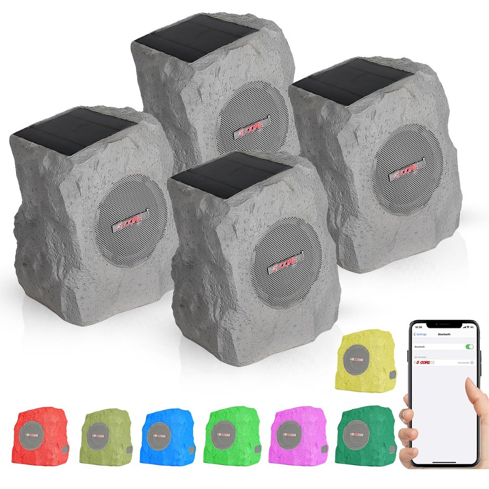 5 CORE Outdoor Rock Speakers 4Pcs Bluetooth TWS 100W Solar 10 Inch IPX6 Waterproof Landscape Rock Speaker with Party LED for Garden Patio Pool Outdoor Use GRDNSPK MC Gry 4PCS