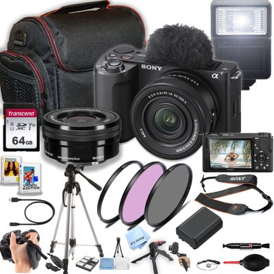 Sony ZV-E10 II Mirrorless Camera with 16-50mm Lens + 64GB Memory, Case, Gripster Tripod, Filters, Flash and More (28pc Camera Bundle) (Renewed)
