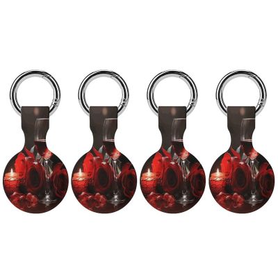 Compatible with Air Tag Keychain Holder,Red Rose Wine Glass and Candleprinted for AirTag GPS Item Finders Accessories 4Pack