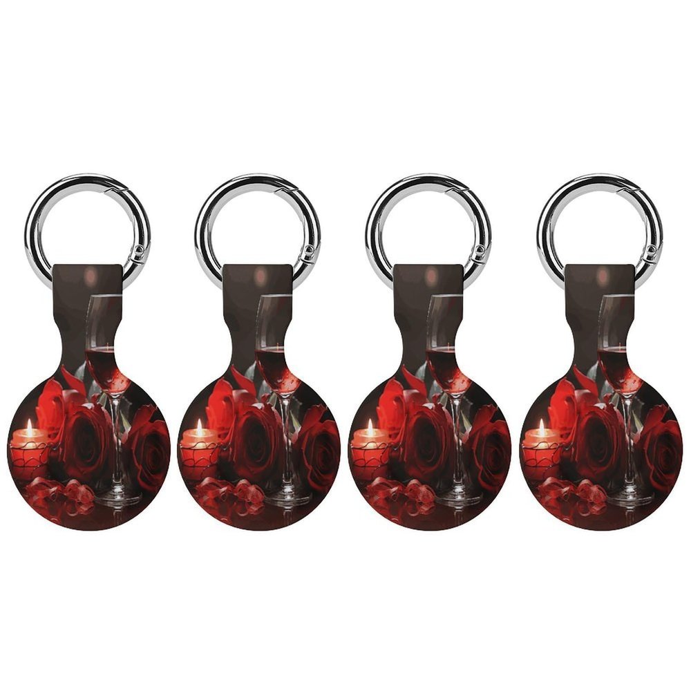 Compatible with Air Tag Keychain Holder,Red Rose Wine Glass and Candleprinted for AirTag GPS Item Finders Accessories 4Pack