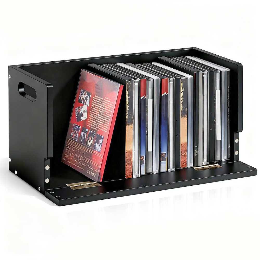CroBlissful 1 Set Wooden DVD Storage Box DVD Storage Shelf Holder Solid Wood Cassette Tape Display Organizer with Carrying Handle for CD, Movie Cases, Each Organizer Can Store up to 26 Boxes (Black)