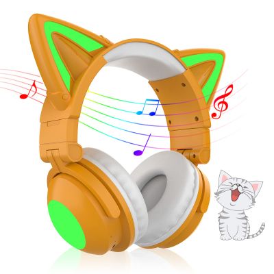 E-Greetshopping Bluetooth Cat Ear Headphones for Kids & Adults,Cute Headphones,Foldable LED Wireless Headset with Built-in Mic,Over Ear Wired Headphones Compatible with Phone/Laptop/PC/Tablet(Khaki)