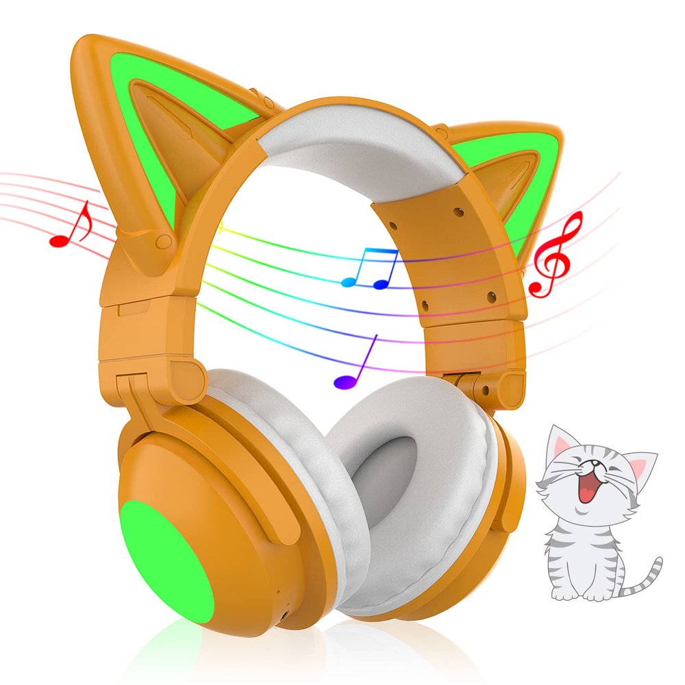 E-Greetshopping Bluetooth Cat Ear Headphones for Kids & Adults,Cute Headphones,Foldable LED Wireless Headset with Built-in Mic,Over Ear Wired Headphones Compatible with Phone/Laptop/PC/Tablet(Khaki)