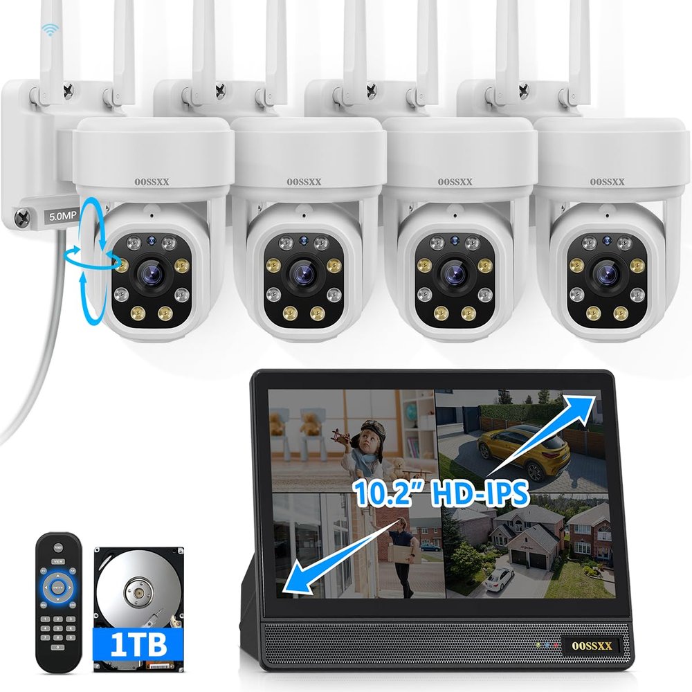 (10 UHD Monitor) 2-Way Audio & Auto-Tracking PTZ WiFi Wireless 5MP Outdoor Wireless Cameras System, Home Security Camera Systems with Monitor Video Surveillance Indoor