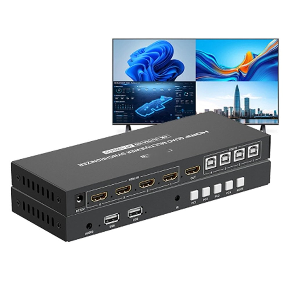 KVM Switch/Distributor, 4-Screen Split Synchronization Controller, USB Computer Keyboard Mouse Display/Sharer, for Game Studios, Offices, Multimedia Classrooms