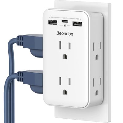 2 to 3 Prong Outlet Adapter, BEONDON Outlet Extender with 3 USB Ports(1 USB-C) and 6 AC Outlets, 3-Sided Power Strip for Non-Grounded Outlets in Old Houses, Hotels