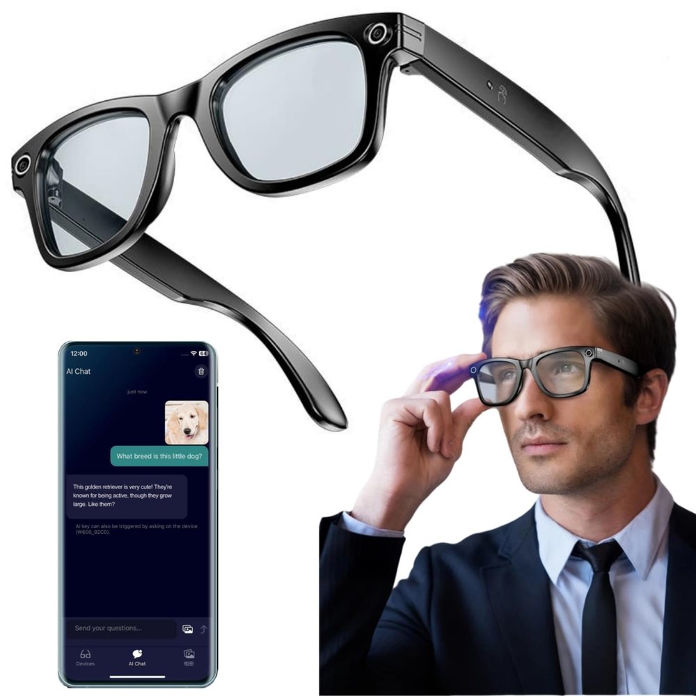 AI Smart Glasses, Smart Camera Glasses for Men Women HD with Real-Time Translation Talking Audio Video Recording, No WiFi Required Smart Glasses with Camera for Meeting Hiking Travel etc, Black