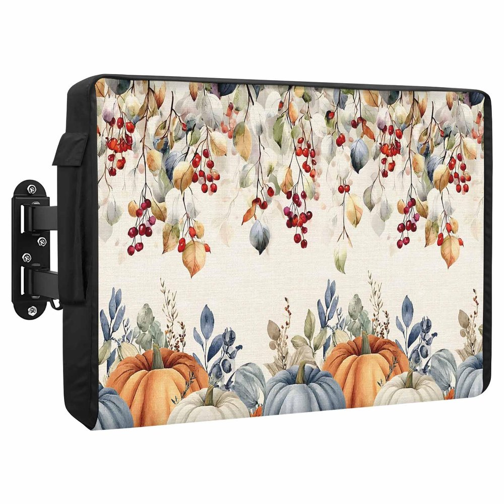 BiadingCC Fall Outdoor TV Cover 40 to 43 Inch Pumpkin Maple Leaf Waterproof and Weatherproof Outdoor TV Enclosure Eucalyptus Leaves Red Berry Outside Flat TV Screen Protector Television Covers