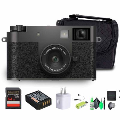 FUJIFILM X Half Premium Compact Digital Camera (Charcoal Silver) Bundle with Carrying Case + 64GB Memory Card + Lens Cap Keeper + Memory Card Wallet + Hand Strap + More