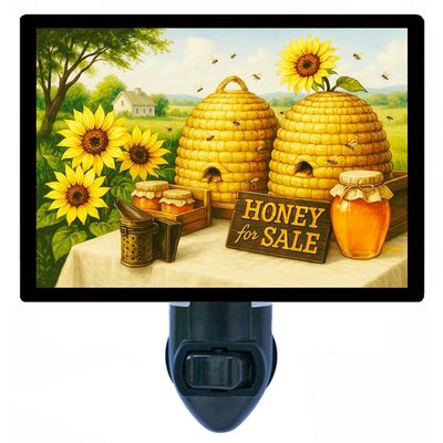 Honey for Sale Night Light Rustic Farmhouse Lamp with Beehives, Sunflowers and Honey Jars, Country Kitchen Dcor, Rotating Plug, Switchable Insert