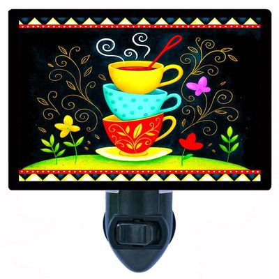 LED Brewtopia Night Light Colorful Coffee Cup Lamp with Steaming Mugs and Floral Accents, Kitchen Coffee Bar Dcor, Rotating Plug, Switchable Insert