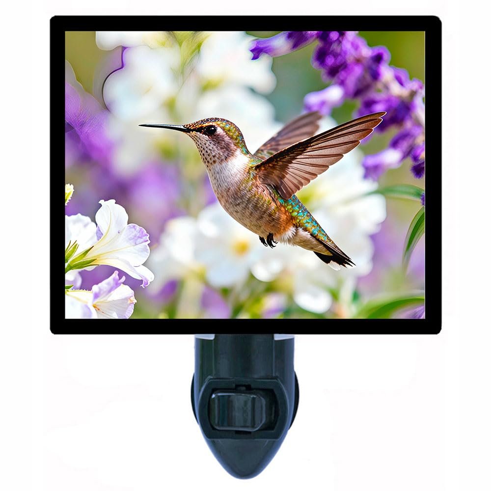 Blooming Flight Night Light Hummingbird and Flower Lamp, Nature Inspired Spring Dcor, Rotating Plug, Switchable Insert