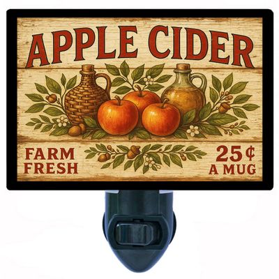 Apple Cider Night Light Rustic Farmhouse Autumn Photo Lamp with Rotating Plug, Switchable Insert, Country Kitchen Fall Decor