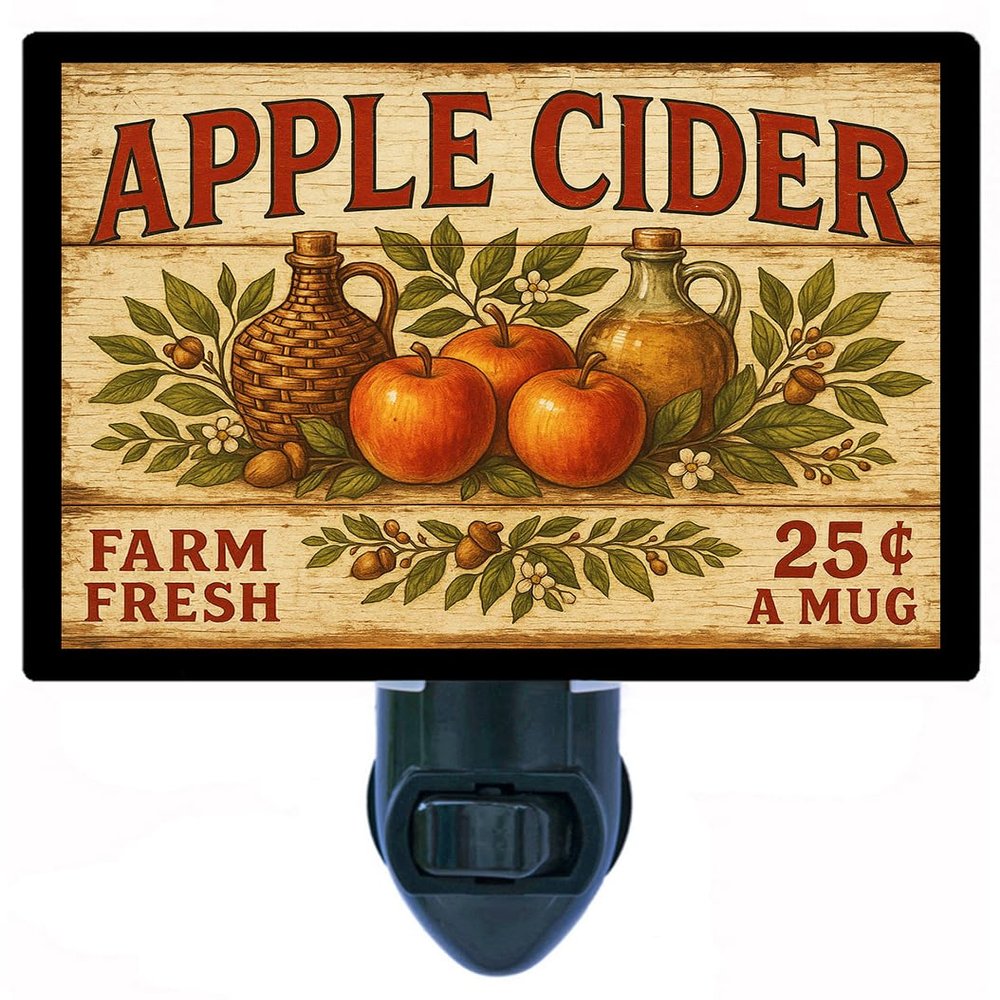 Apple Cider Night Light Rustic Farmhouse Autumn Photo Lamp with Rotating Plug, Switchable Insert, Country Kitchen Fall Decor