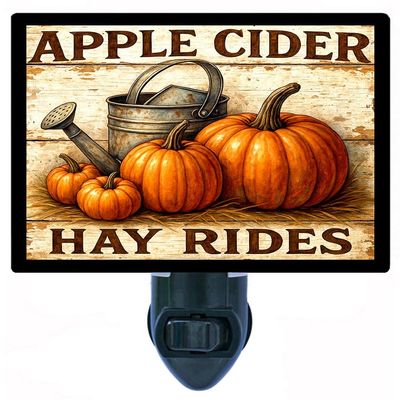 Apple Cider and Hay Rides Night Light Rustic Farmhouse Autumn Dcor Lamp with Pumpkins, Rotating Plug, Switchable Insert, Fall Country Style
