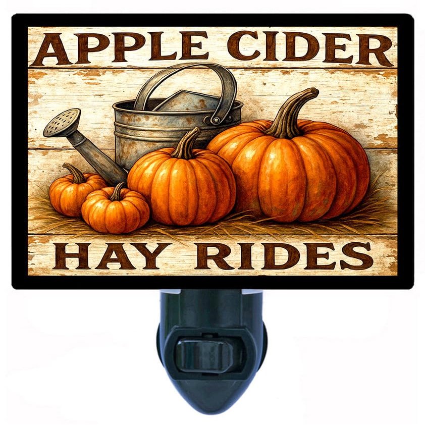 Apple Cider and Hay Rides Night Light Rustic Farmhouse Autumn Dcor Lamp with Pumpkins, Rotating Plug, Switchable Insert, Fall Country Style