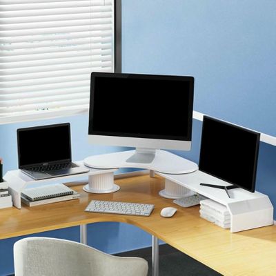 3 Screens Corner Computer Monitor Riser, Adjustable Office Desk Organizer Storage Rack 270 Rotation, Metal Laptop Corner Lift Stand