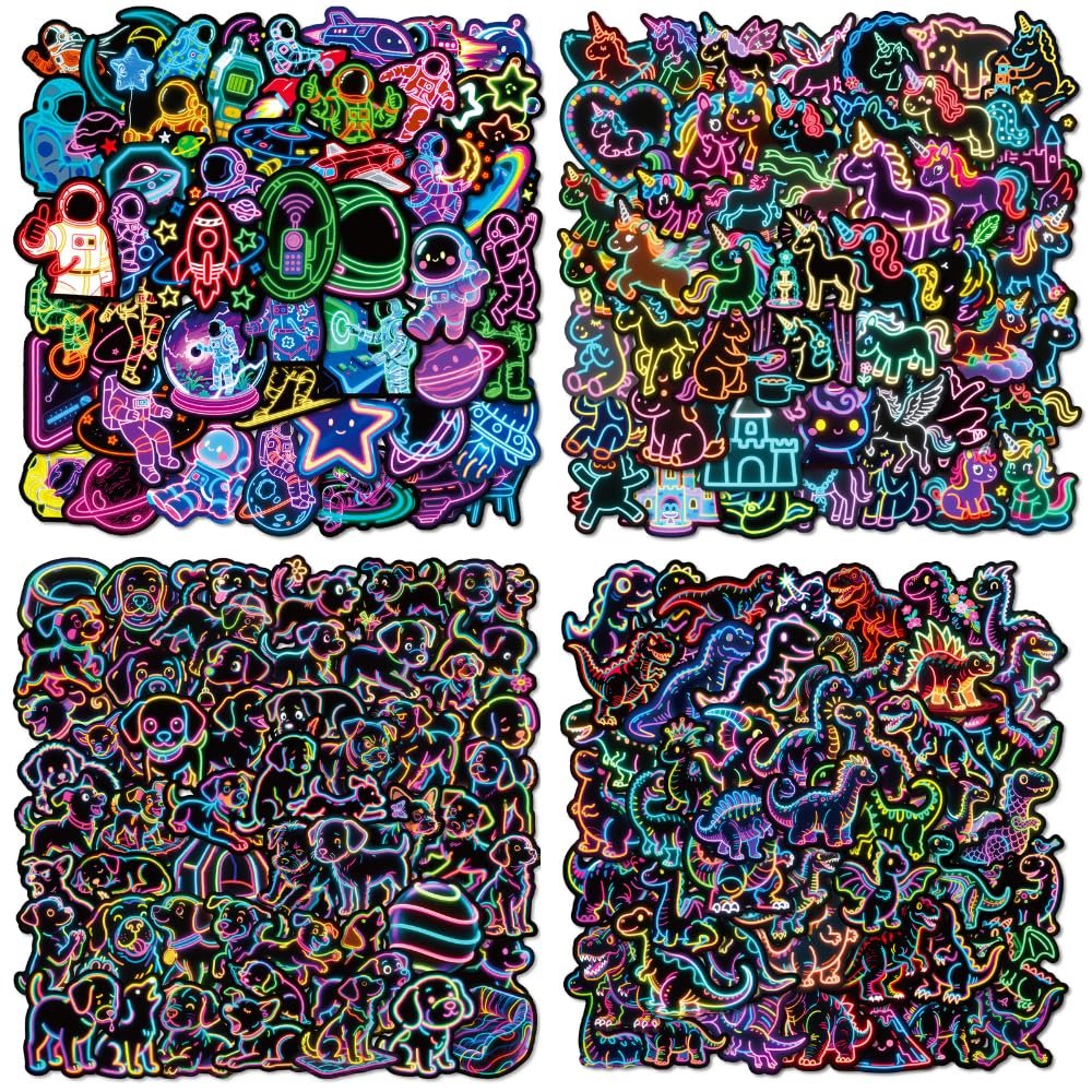 AOZVPEV Cool Stickers for Kids 218 Pcs, Cool Cute Neon Sticker Packs, Prizes for Kids Classroom Reward, Neon Stickers Packs, Waterproof Vinyl Stickers for Water Bottle, Laptop, Phone, Skateboard