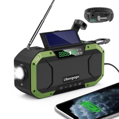 Emergency Radio Waterproof Bluetooth Speaker,Portable AM FM Radio with 5000mAh/18500mWh Cell Phone Charger,Flashlight,Reading Lamp,Hand Crank NOAA Weather Radio with Solar Panel,Emergency Survival Kit