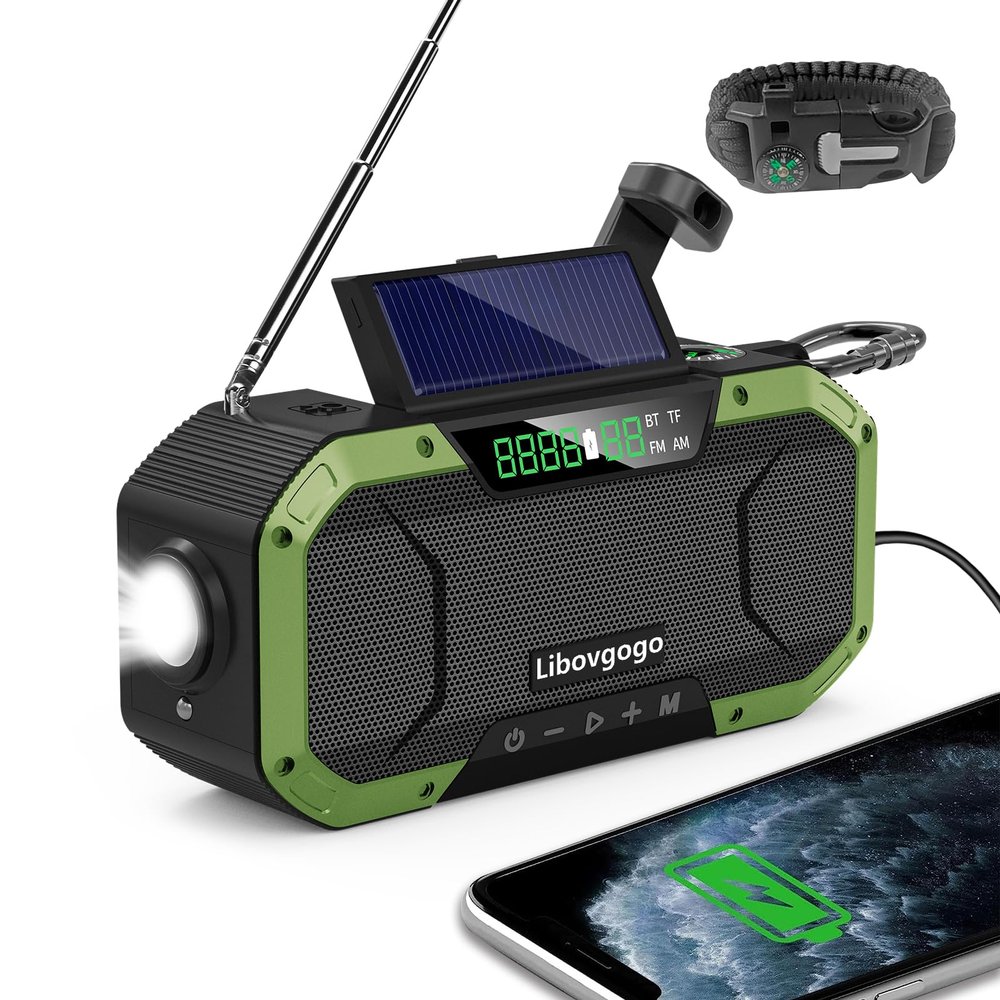 Emergency Radio Waterproof Bluetooth Speaker,Portable AM FM Radio with 5000mAh/18500mWh Cell Phone Charger,Flashlight,Reading Lamp,Hand Crank NOAA Weather Radio with Solar Panel,Emergency Survival Kit