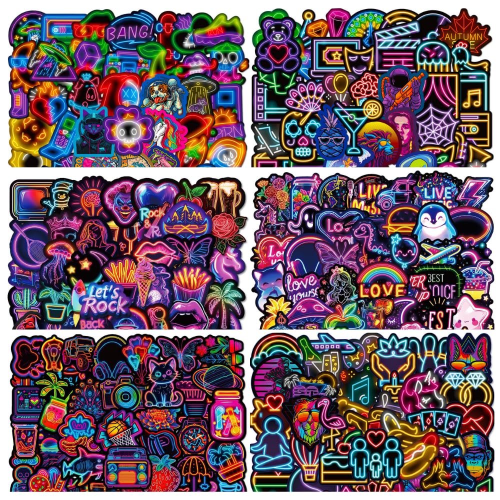 AOZVPEV Neon Stickers Packs, Cool Stickers for Kids 300 Pcs, Cool Cute Neon Sticker Packs, Prizes for Kids Classroom Reward, Waterproof Vinyl Stickers for Water Bottle, Laptop, Phone, Skateboard